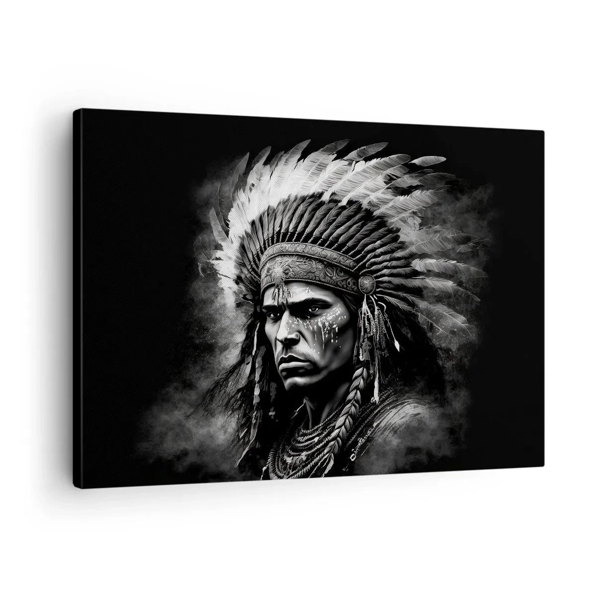 Quadro em tela - Retrato de um chefe com um cocar de penas sobre um fundo preto - 70x50cm - Um líder e um guerreiro - Decoração de parede moderna para a sala de estar e quarto ARTTOR