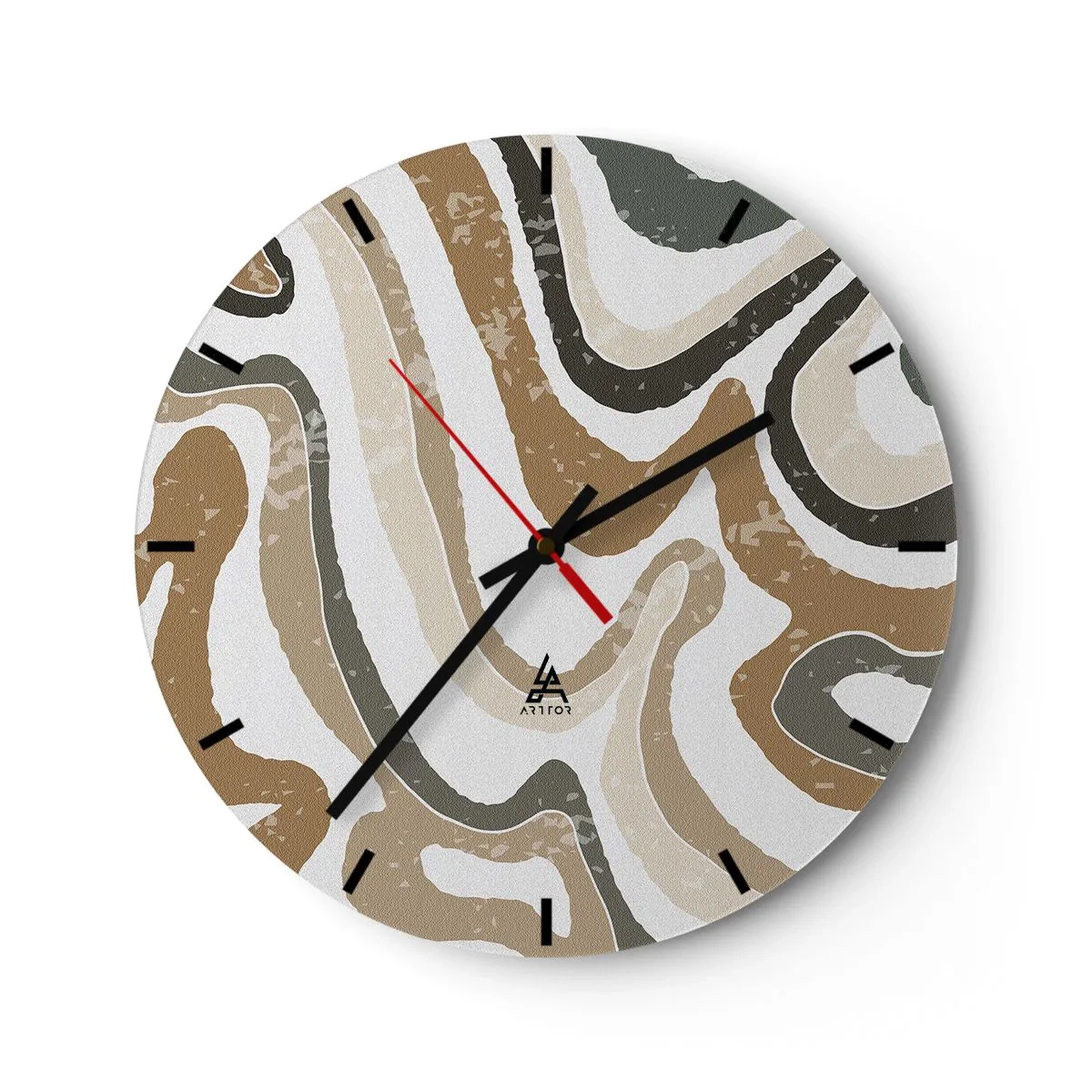 Relógio de parede - Relógio em vidro - Listras sinuosas em tons de terra sobre um fundo branco - 30x30cm - Meandros de cores da terra - Decoração de parede moderna para a sala de estar, cozinha e quarto ARTTOR
