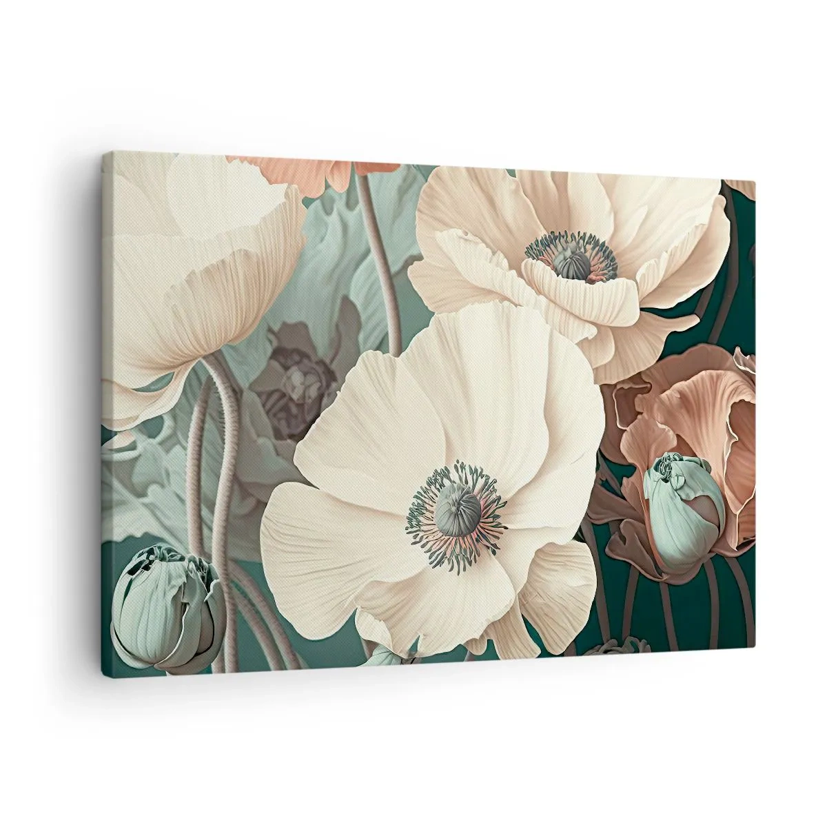Quadro em tela - Flores elegantes em tons pastéis sobre fundo verde - 70x50cm - O sussurro das papoulas - Decoração de parede moderna para a sala de estar e quarto ARTTOR