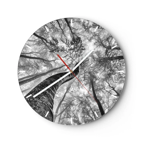 Relógio de parede - Relógio em vidro - Vista em preto e branco das copas das árvores de uma perspectiva ascendente - 30x30cm - Corrida até a luz - Decoração de parede moderna para a sala de estar, cozinha e quarto ARTTOR