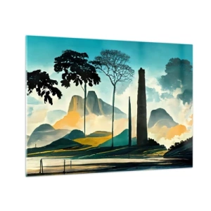 Quadro em vidro - Uma paisagem de fantasia com montanhas, árvores e uma rocha imponente - 70x50cm - Cada vez mais alto - Decoração de parede moderna para a sala de estar e quarto ARTTOR