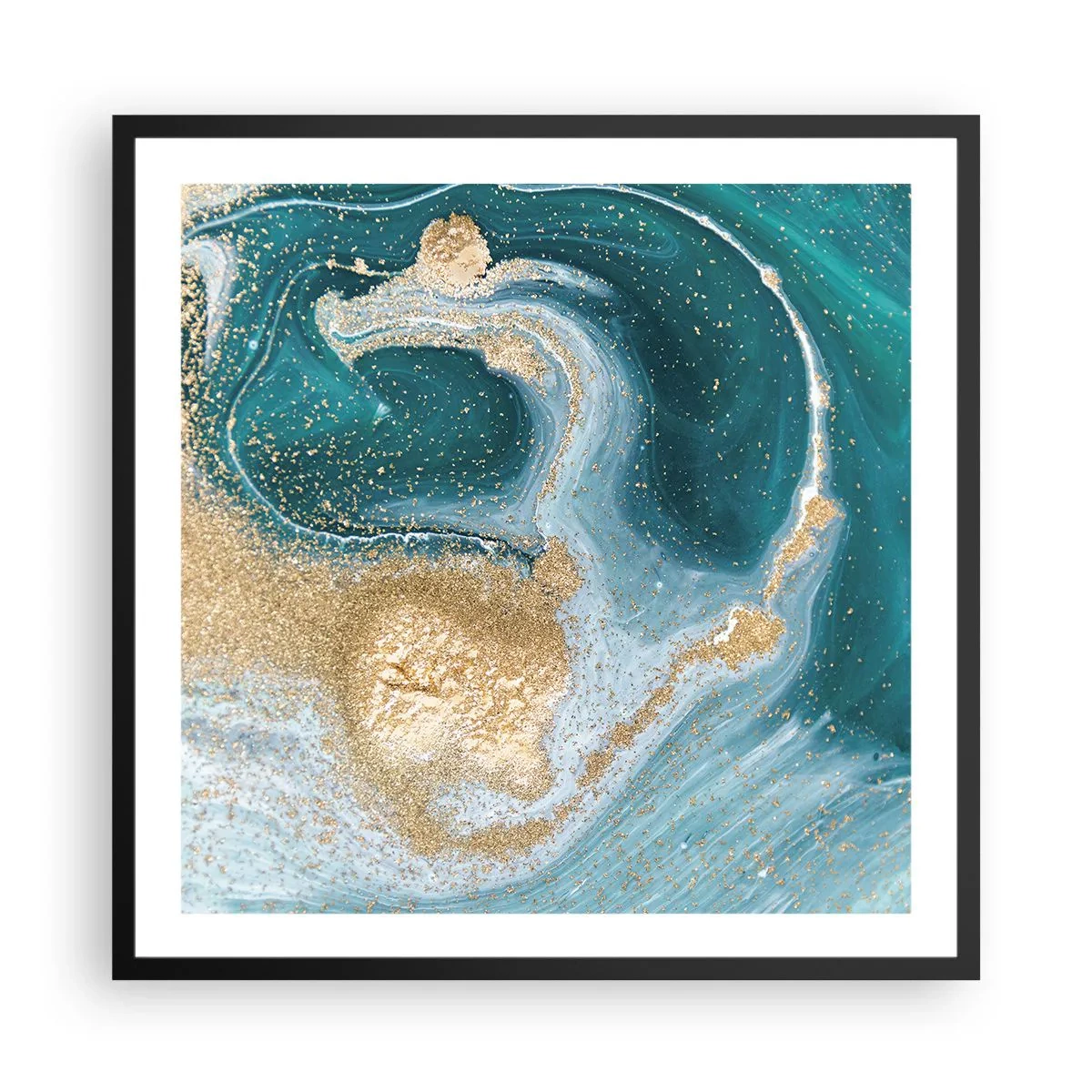 Pôster com moldura preta - Um vórtice de ouro e turquesa - 60x60 cm