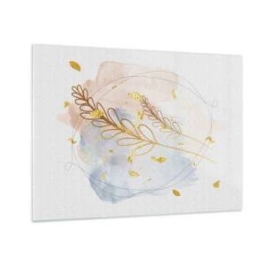 Quadro em vidro - Uma delicada composição com galhos e folhas douradas em aquarela - 70x50cm - Explosão dourada - Decoração de parede moderna para a sala de estar e quarto ARTTOR