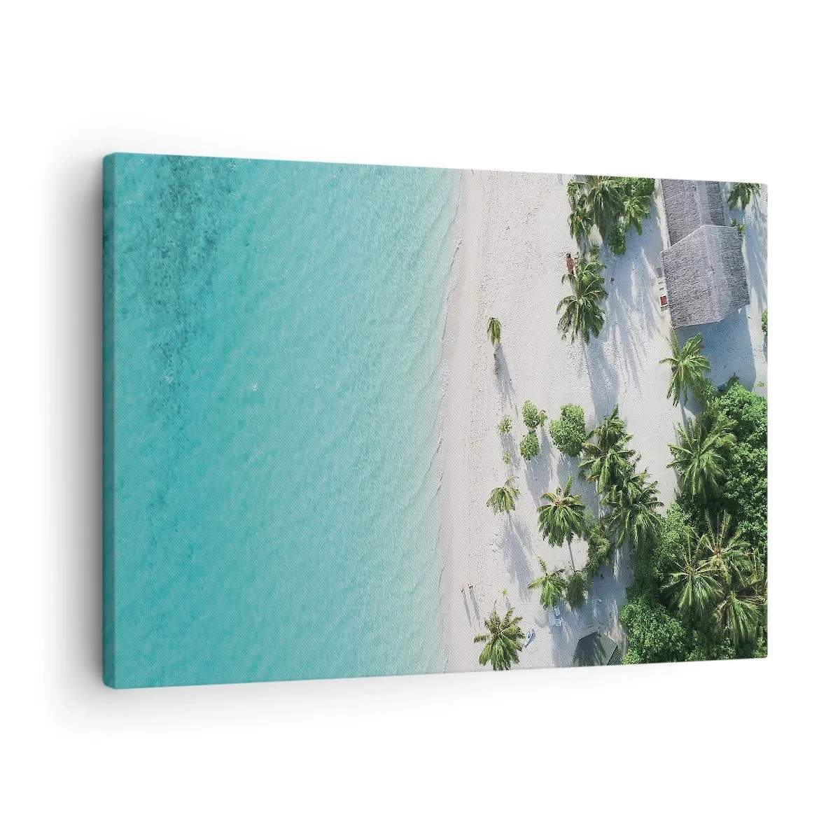 Quadro em tela - Uma vista aérea de uma praia tropical com águas azul-turquesa e palmeiras - 70x50cm - Férias no paraíso - Decoração de parede moderna para a sala de estar e quarto ARTTOR