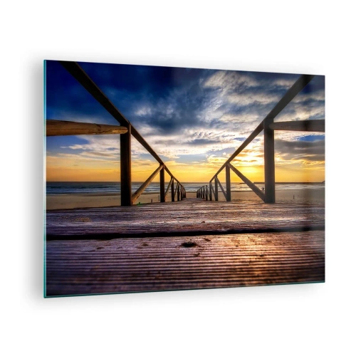 Quadro em vidro - Píer que leva à praia ao pôr do sol - 70x50cm - Direto para a praia tranquila ao pôr do sol - Decoração de parede moderna para a sala de estar e quarto ARTTOR