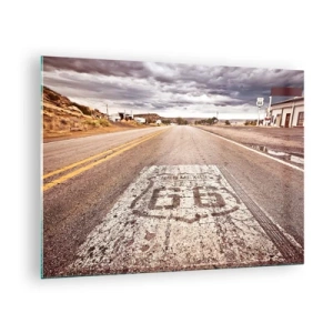 Quadro em vidro - Rota 66 com vista para o horizonte - 70x50cm - Mother Road - uma lenda americana - Decoração de parede moderna para a sala de estar e quarto ARTTOR