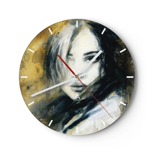 Relógio de parede - Relógio em vidro - Retrato de uma mulher em estilo artístico em tons de dourado e preto - 30x30cm - Mais inocente ou sensual? - Decoração de parede moderna para a sala de estar, cozinha e quarto ARTTOR