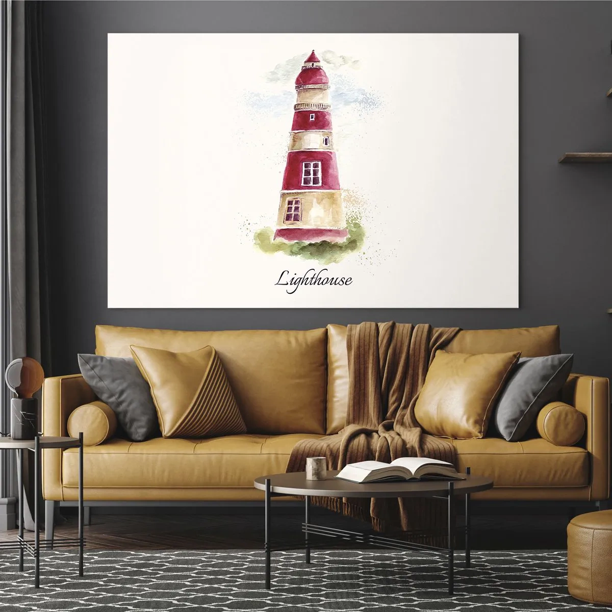 Quadro em vidro - Farol em aquarela com a inscrição Farol - 70x50cm - Sempre há clima - Decoração de parede moderna para a sala de estar e quarto ARTTOR