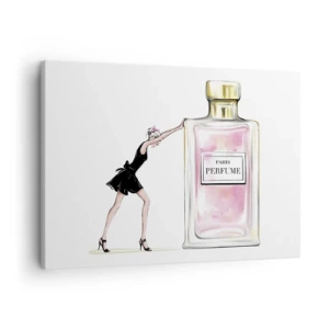 Quadro em tela - Uma mulher de vestido preto ao lado de um frasco de perfume - 70x50cm - A essência da feminilidade - Decoração de parede moderna para a sala de estar e quarto ARTTOR