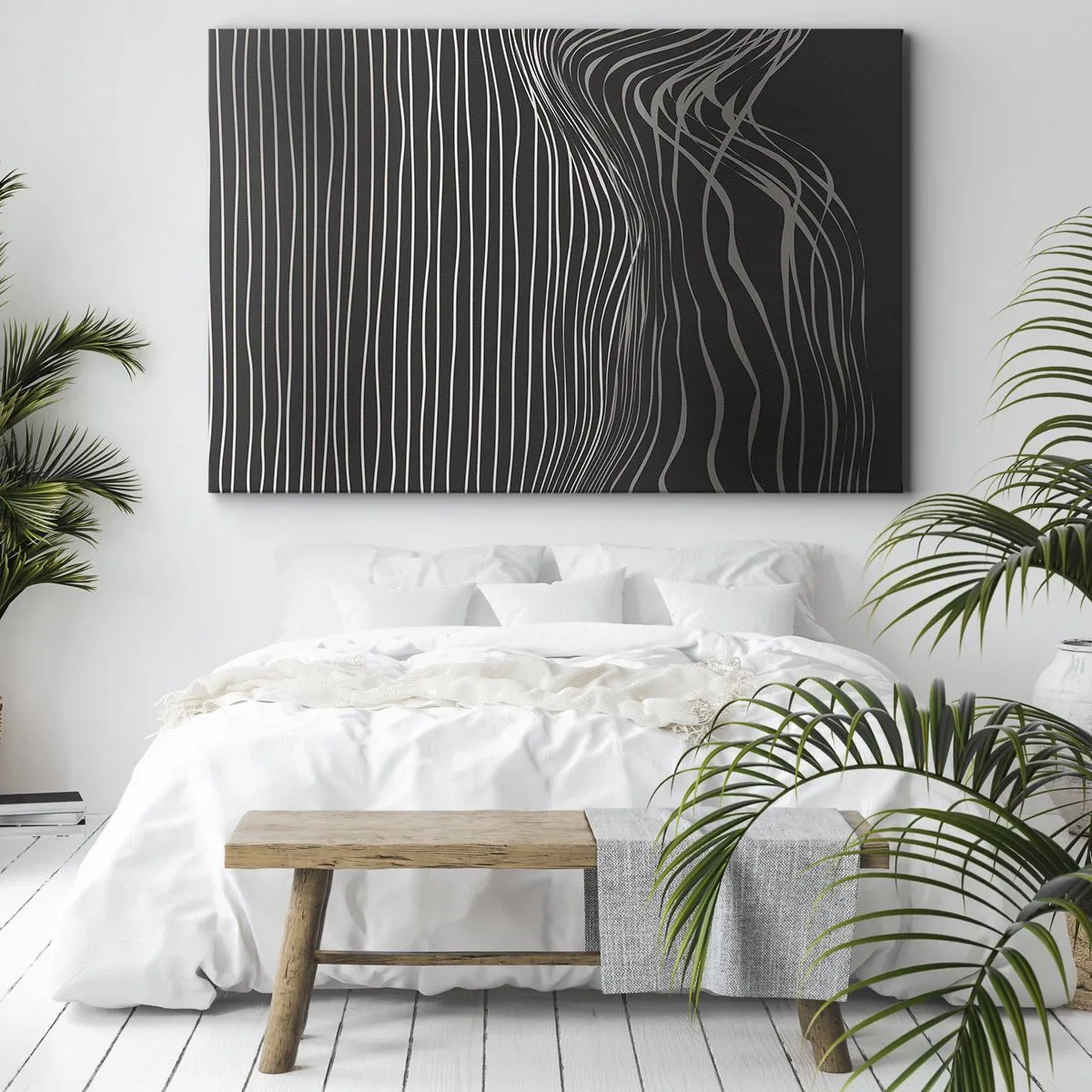 Quadro em tela - Linhas brancas sobre fundo cinza escuro em um arranjo abstrato - 70x50cm - Ritmo e sotaque - Decoração de parede moderna para a sala de estar e quarto ARTTOR