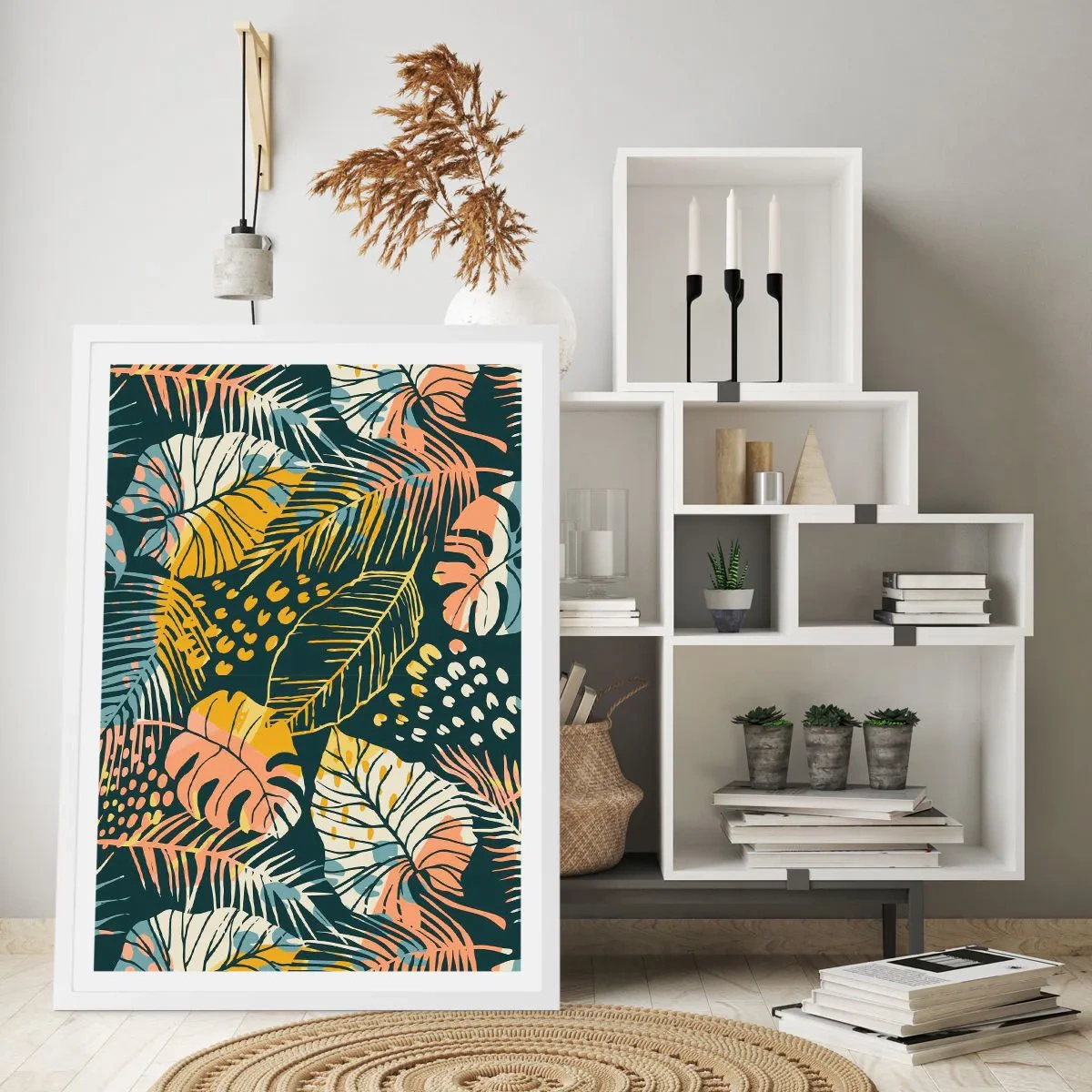 Pôster em moldura branca - Fantasia de folhas - 50x70 cm