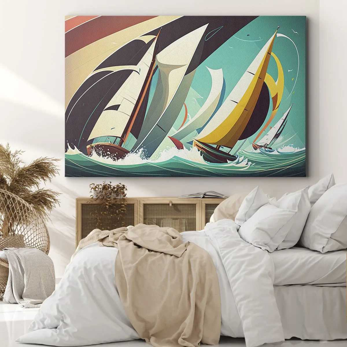 Quadro em tela - Uma ilustração dinâmica de veleiros em um mar tempestuoso. - 70x50cm - Boa sorte com os elementos - Decoração de parede moderna para a sala de estar e quarto ARTTOR