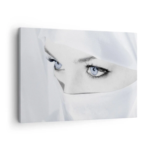 Quadro em tela - Retrato de uma mulher com olhos azuis escondida atrás de um véu branco - 70x50cm - Direto das mil e uma noites - Decoração de parede moderna para a sala de estar e quarto ARTTOR