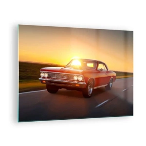 Quadro em vidro - Carro clássico vermelho contra o pôr do sol - 70x50cm - O desejo é vermelho - Decoração de parede moderna para a sala de estar e quarto ARTTOR