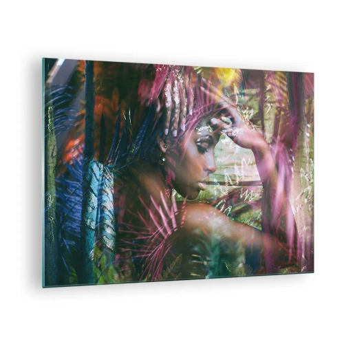 Quadro em vidro - Retrato de uma mulher entre folhas tropicais e reflexos de luz. - 70x50cm - Mãe Natureza na selva - Decoração de parede moderna para a sala de estar e quarto ARTTOR