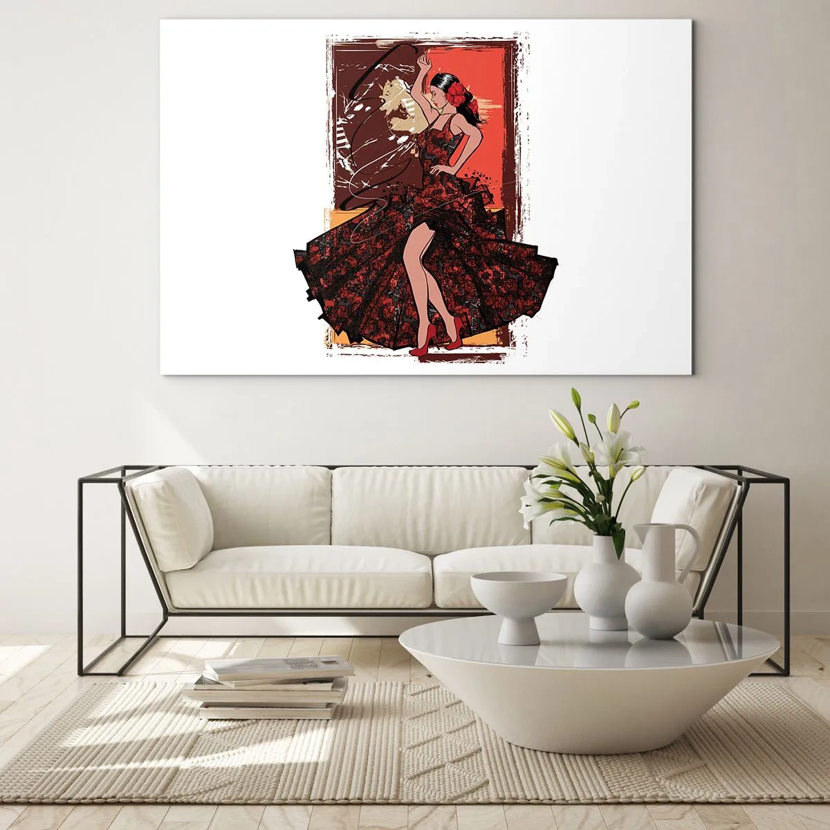 Quadro em vidro - Dançarina de flamenco em um elegante vestido vermelho e preto - 70x50cm - No ritmo do coração - Decoração de parede moderna para a sala de estar e quarto ARTTOR