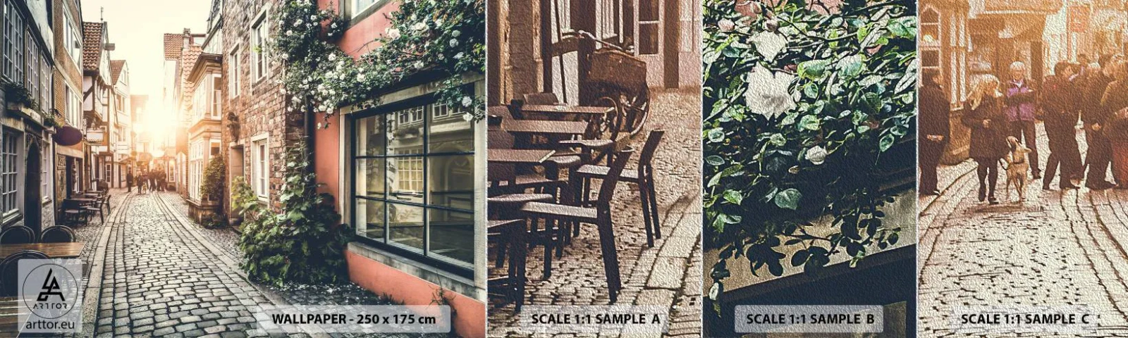 Amostra de papel de parede Premium Sand - Beco rosa em brilho rosa - Cidade, Holanda, Arquitetura - 100x30 cm