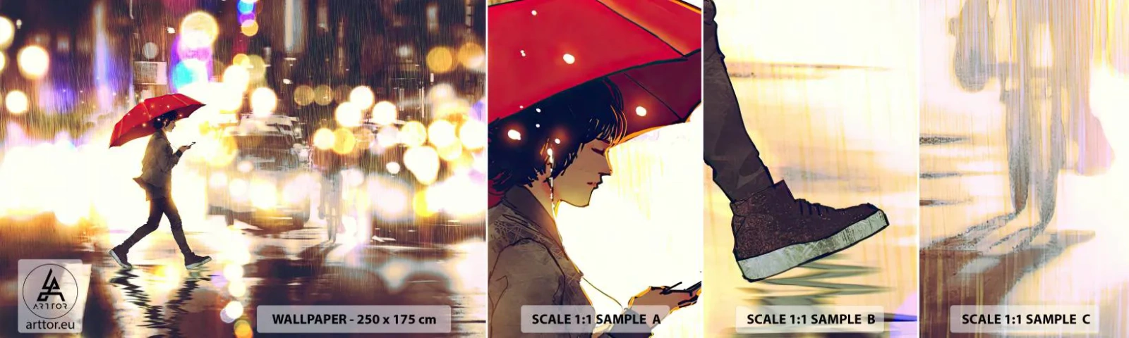 Amostra de papel de parede autocolante Deluxe Sticker - Apesar de tudo, ensolarado - Cidade, Caminhada na chuva, Guarda-chuva - 100x30 cm