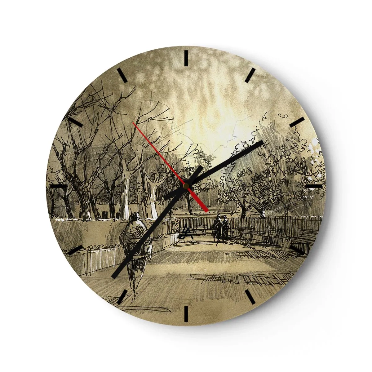 Relógio de parede - Relógio em vidro - Esboço de um passeio em um parque com caminhos e árvores - 30x30cm - Um momento capturado por uma pena - Decoração de parede moderna para a sala de estar, cozinha e quarto ARTTOR