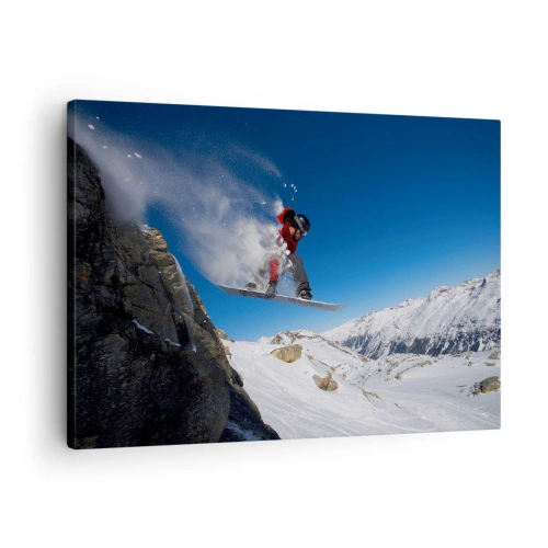 Quadro em tela - Um snowboarder salta de uma rocha em uma paisagem montanhosa - 70x50cm - E tornou-se parte do espaço - Decoração de parede moderna para a sala de estar e quarto ARTTOR