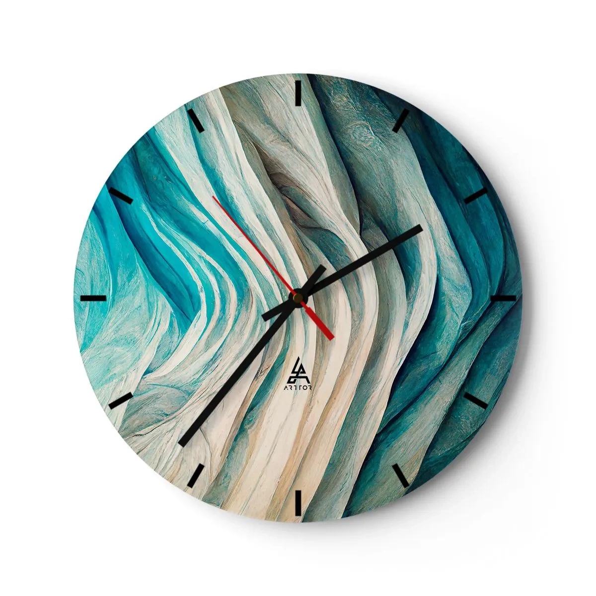 Relógio de parede - Relógio em vidro - Ondas orgânicas em tons de azul, bege e turquesa - 30x30cm - Insaciabilidade azul - Decoração de parede moderna para a sala de estar, cozinha e quarto ARTTOR