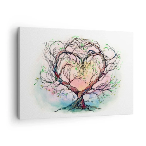 Quadro em tela - Uma árvore em forma de coração sobre um fundo de delicadas cores pastel - 70x50cm - Juntos contra os vendavais - Decoração de parede moderna para a sala de estar e quarto ARTTOR