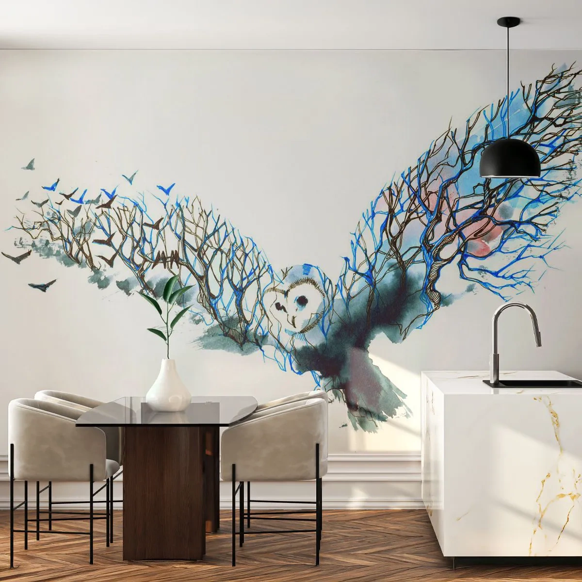 Papel de Parede Premium Canvas - Nas asas da floresta - Abstração, Coruja, Pássaro - 200x140 cm