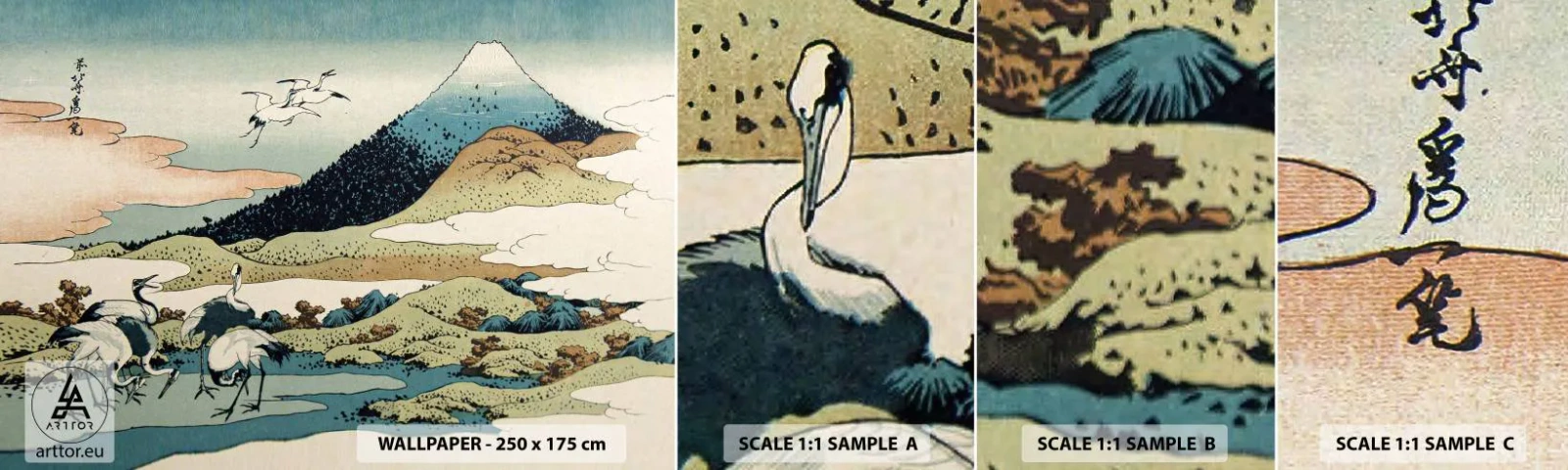 Amostra de papel de parede autocolante Deluxe Sticker - No espírito japonês - Cegonha, Pássaro, Paisagem - 100x30 cm