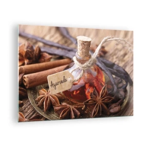 Quadro em vidro - Frasco de óleo e especiarias estilo ayurvédico - 70x50cm - Rumo à unidade do corpo e do espírito - Decoração de parede moderna para a sala de estar e quarto ARTTOR
