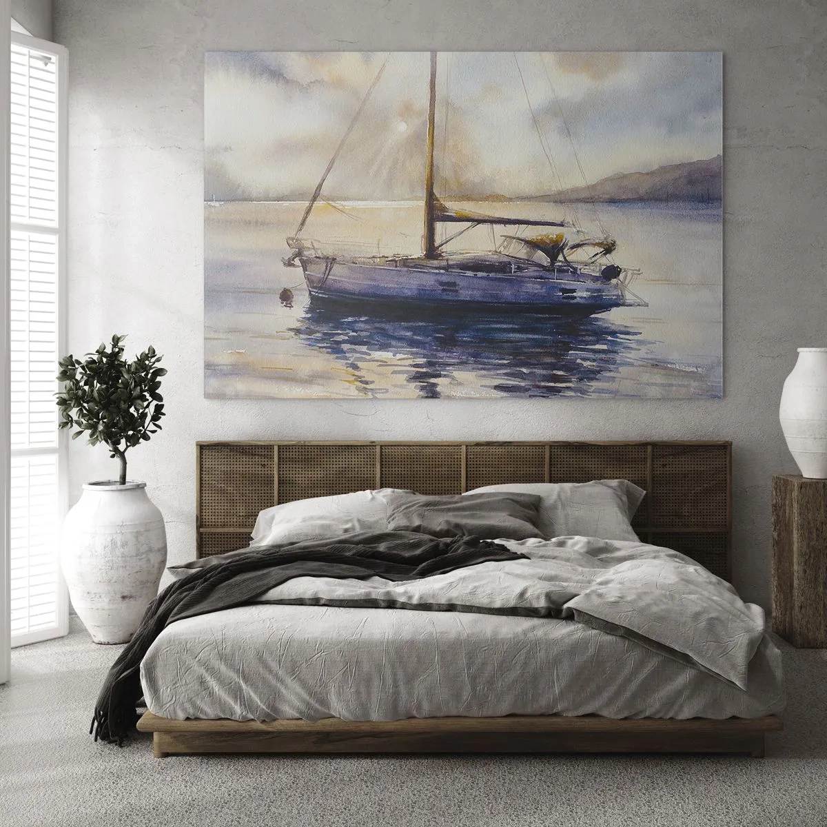 Quadro em vidro - Um iate atracado em uma baía tranquila ao anoitecer - 70x50cm - Noite na baía - Decoração de parede moderna para a sala de estar e quarto ARTTOR