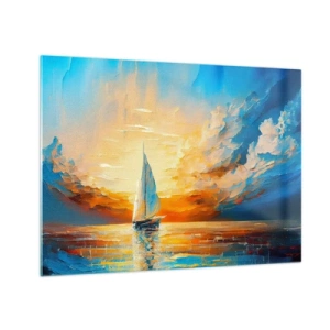 Quadro em vidro - Um veleiro no mar à luz do pôr do sol - 70x50cm - Balsa em ouro - Decoração de parede moderna para a sala de estar e quarto ARTTOR