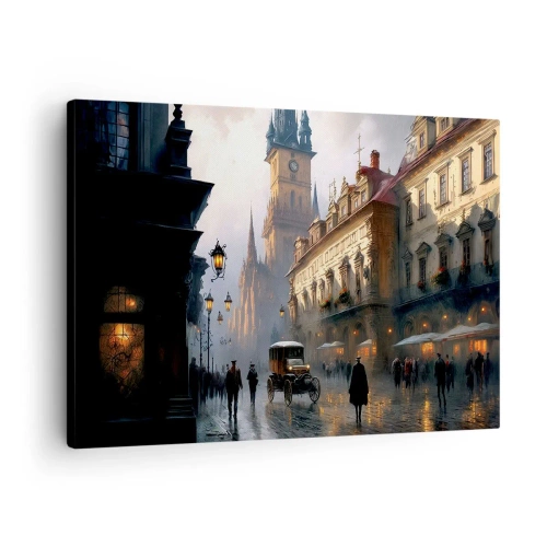 Quadro em tela - Cena de rua noturna com arquitetura histórica - 70x50cm - O encanto de uma noite em Praga - Decoração de parede moderna para a sala de estar e quarto ARTTOR