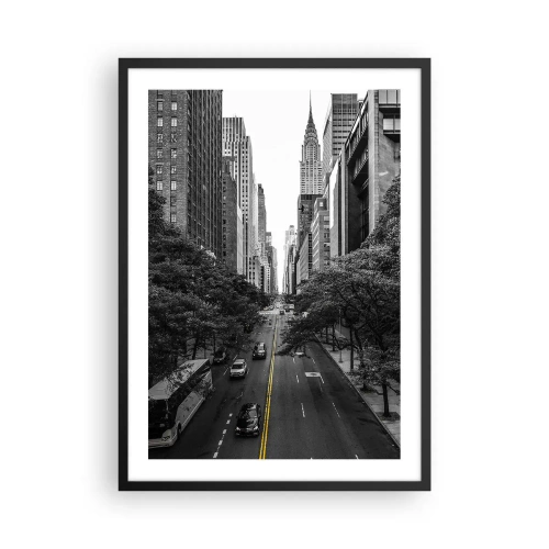 Pôster com moldura preta - Panorama da cidade em preto e branco com uma linha amarela na estrada - 50x70cm - Manhã em Nova Iorque - Decoração de parede moderna para a sala de estar e quarto ARTTOR