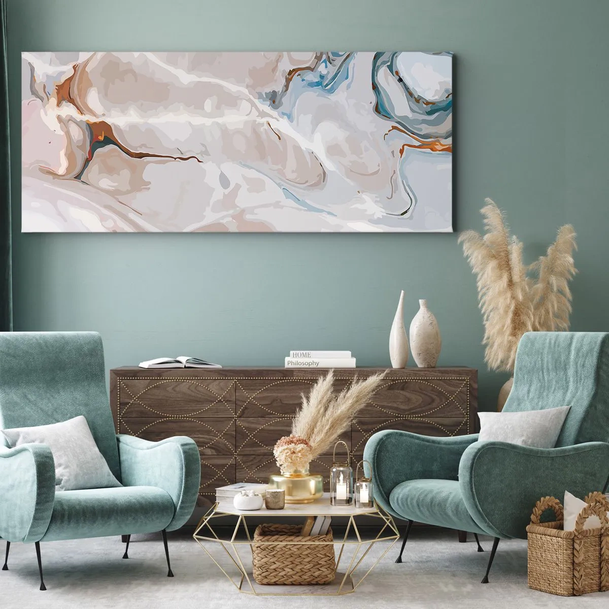 Quadro em tela - Meandros azuis sob branco - 100x40 cm