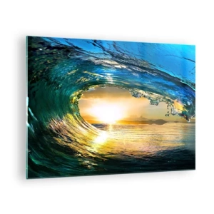 Quadro em vidro - Uma onda do oceano capturada pela luz do pôr do sol - 70x50cm - Em cristal esmeralda dourado - Decoração de parede moderna para a sala de estar e quarto ARTTOR