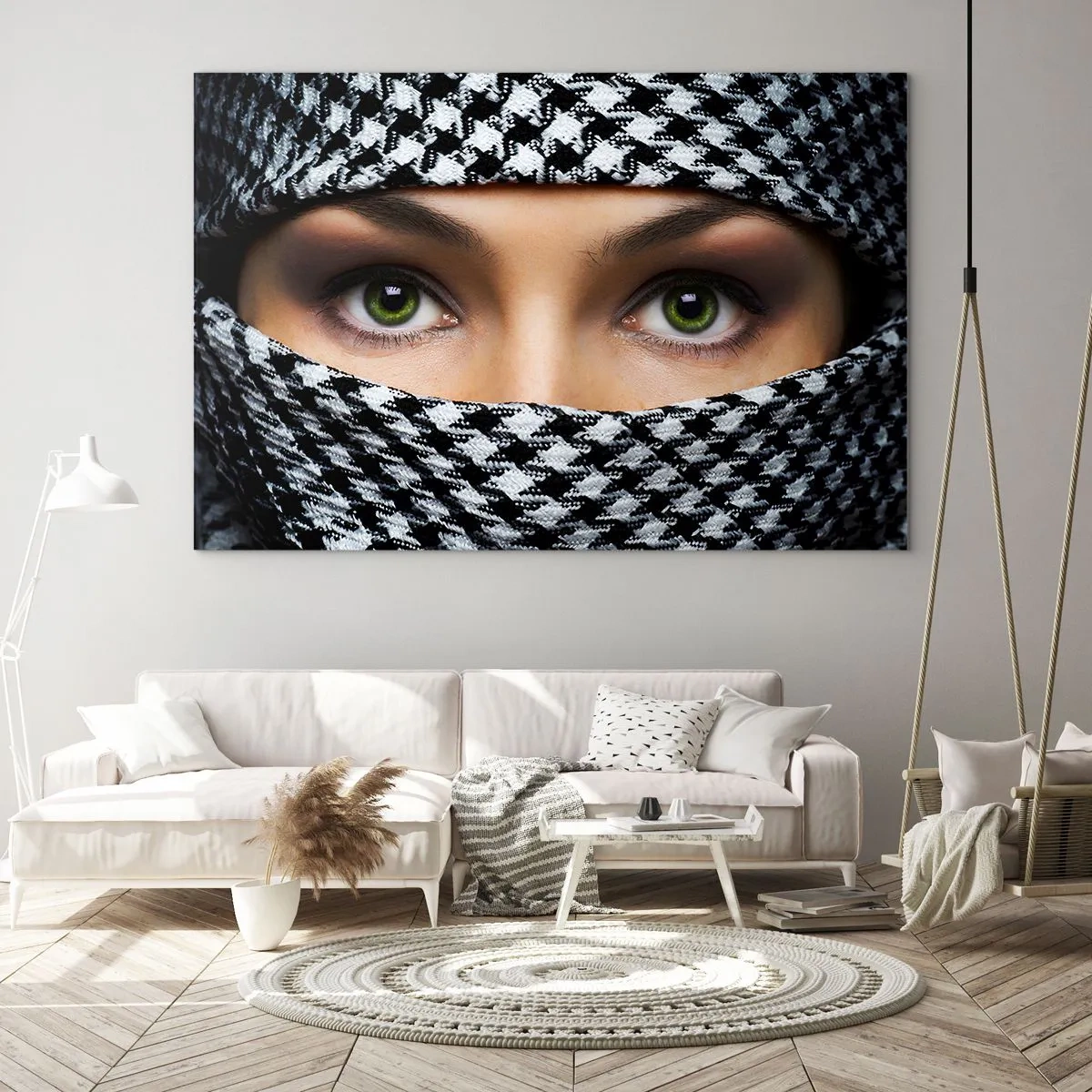 Quadro em vidro - Olhos verdes rodeados por um padrão preto e branco - 70x50cm - Retrato de uma beleza velada de olhos verdes - Decoração de parede moderna para a sala de estar e quarto ARTTOR
