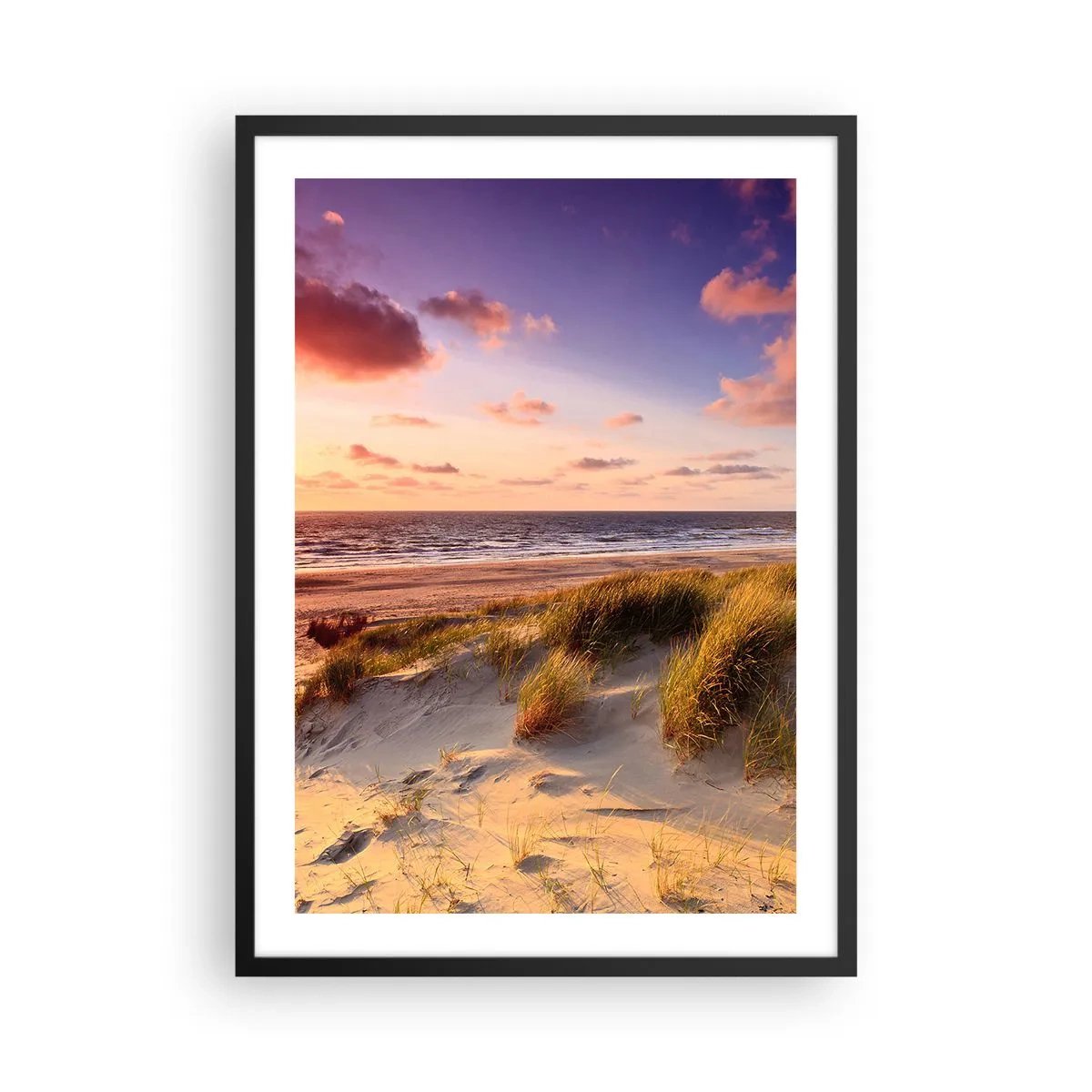 Pôster com moldura preta - Praia com dunas e pôr do sol - 50x70cm - Ar com cheiro de verão - Decoração de parede moderna para a sala de estar e quarto ARTTOR