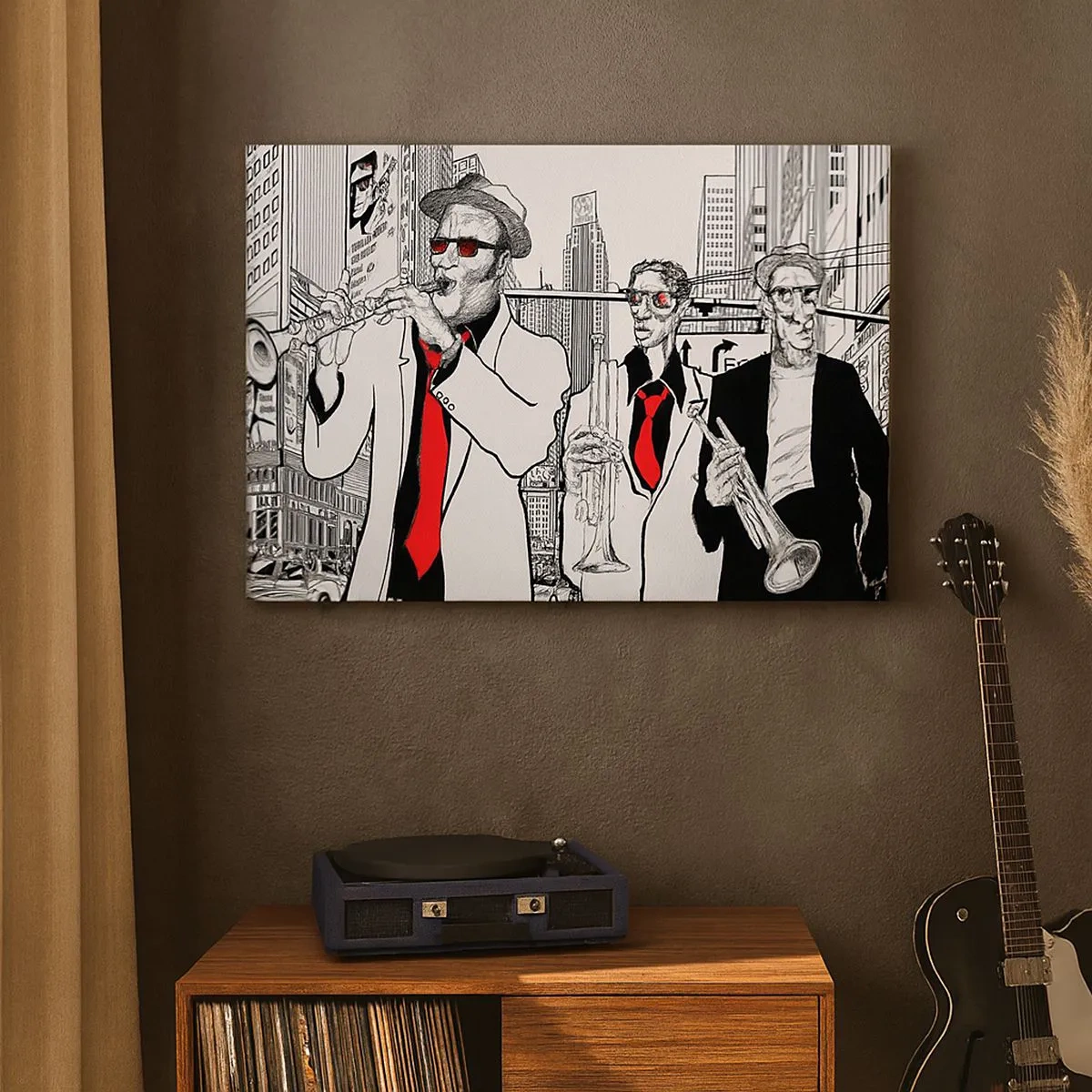Quadro em tela - Ilustração de músicos de jazz em um cenário urbano - 70x50cm - Rapsódia urbana a preto e vermelho - Decoração de parede moderna para a sala de estar e quarto ARTTOR