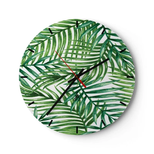 Relógio de parede - Relógio em vidro - Folhas de palmeira verdes dispostas em uma composição densa - 30x30cm - Sob as folhas verdes - Decoração de parede moderna para a sala de estar, cozinha e quarto ARTTOR