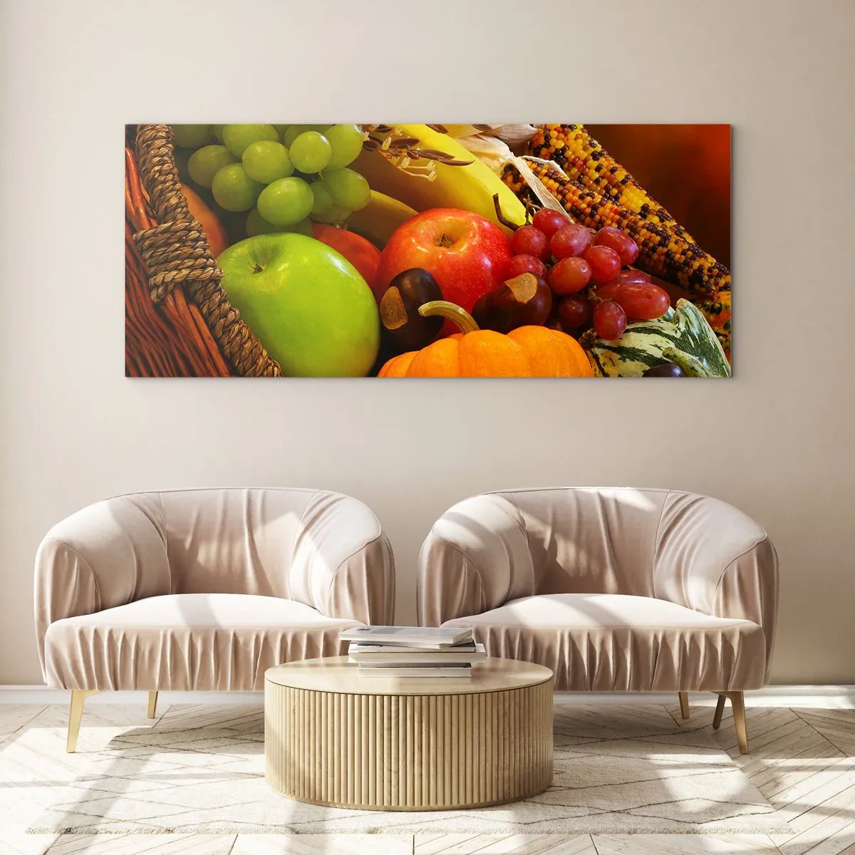 Quadro em vidro - O cesto da colheita - 90x30 cm