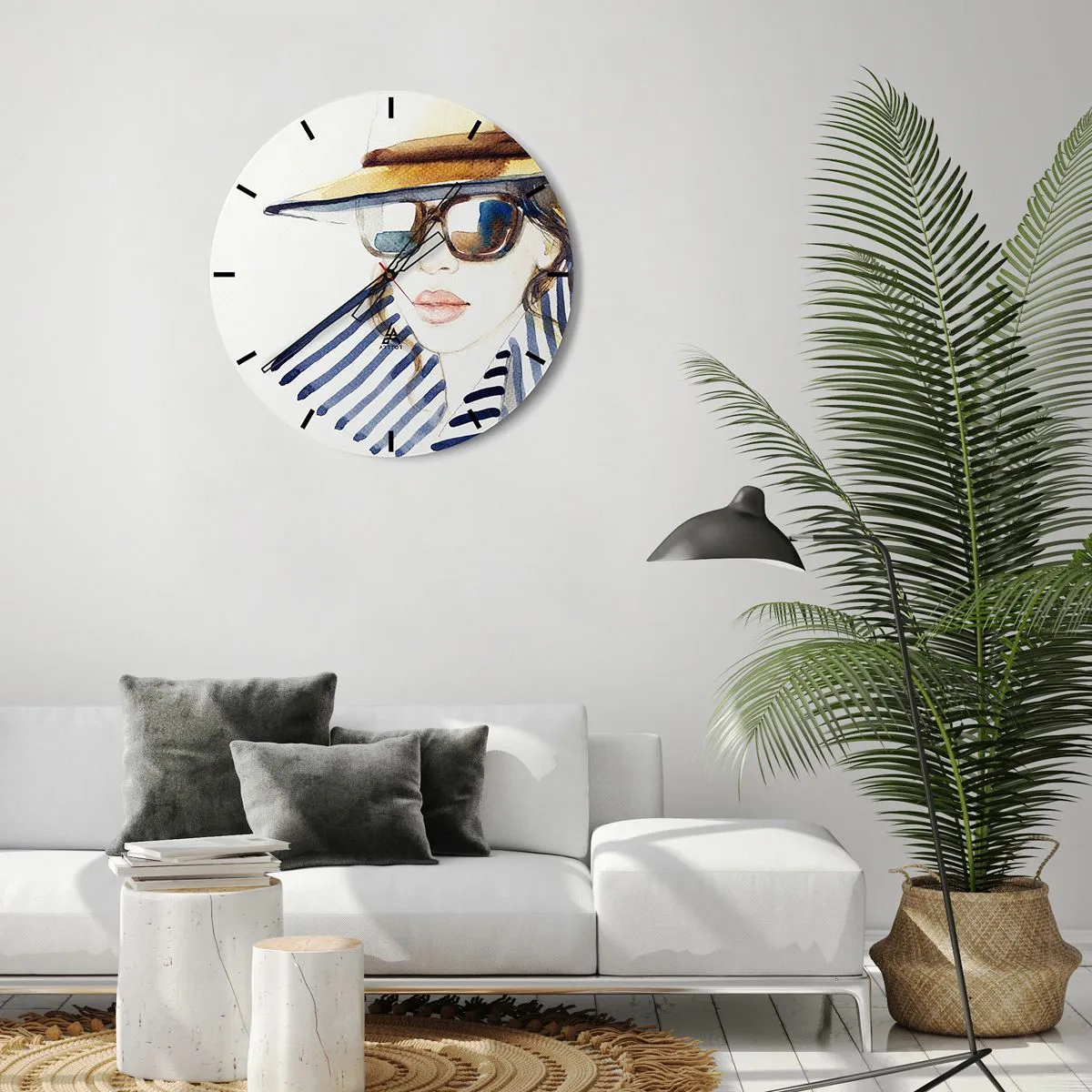 Relógio de parede - Relógio em vidro - Mulher estilosa com chapéu e óculos de sol - 30x30cm - Bem-vindo à Flórida - Decoração de parede moderna para a sala de estar, cozinha e quarto ARTTOR