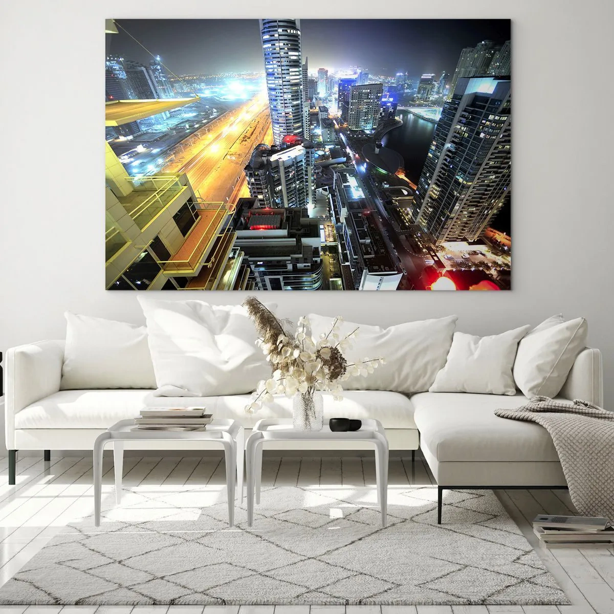 Quadro em vidro - Panorama da cidade noturna com arranha-céus iluminados - 70x50cm - Milagre no deserto - Decoração de parede moderna para a sala de estar e quarto ARTTOR
