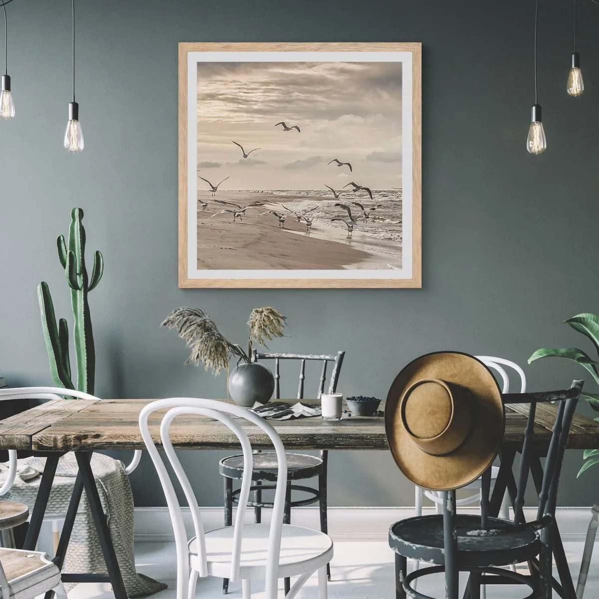 Pôster com moldura de carvalho claro - O som do mar, o canto dos pássaros - 30x30 cm