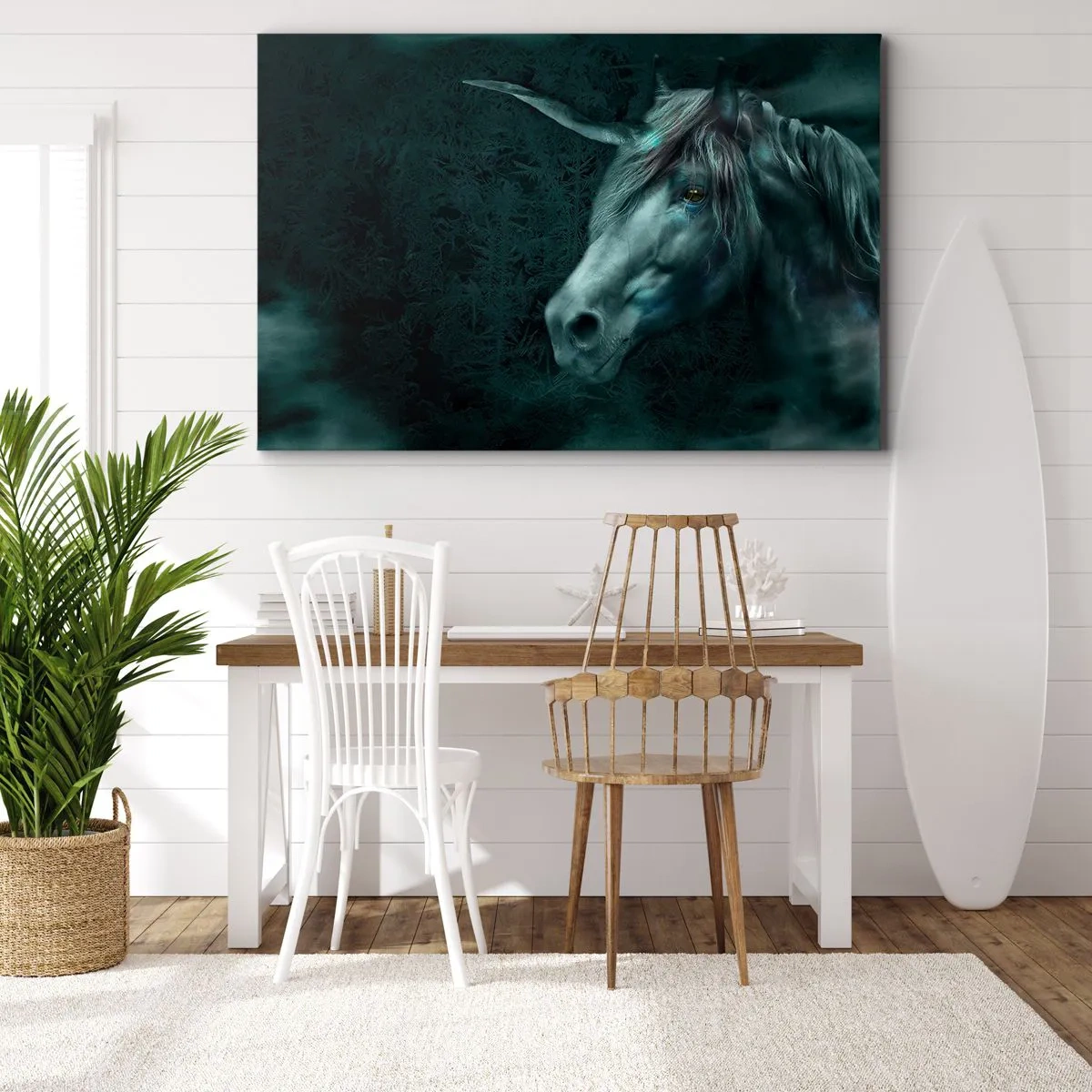 Quadro em tela - Um unicórnio mágico em uma floresta escura e misteriosa com cores fantásticas. - 70x50cm - Na floresta de conto de fadas - Decoração de parede moderna para a sala de estar e quarto ARTTOR