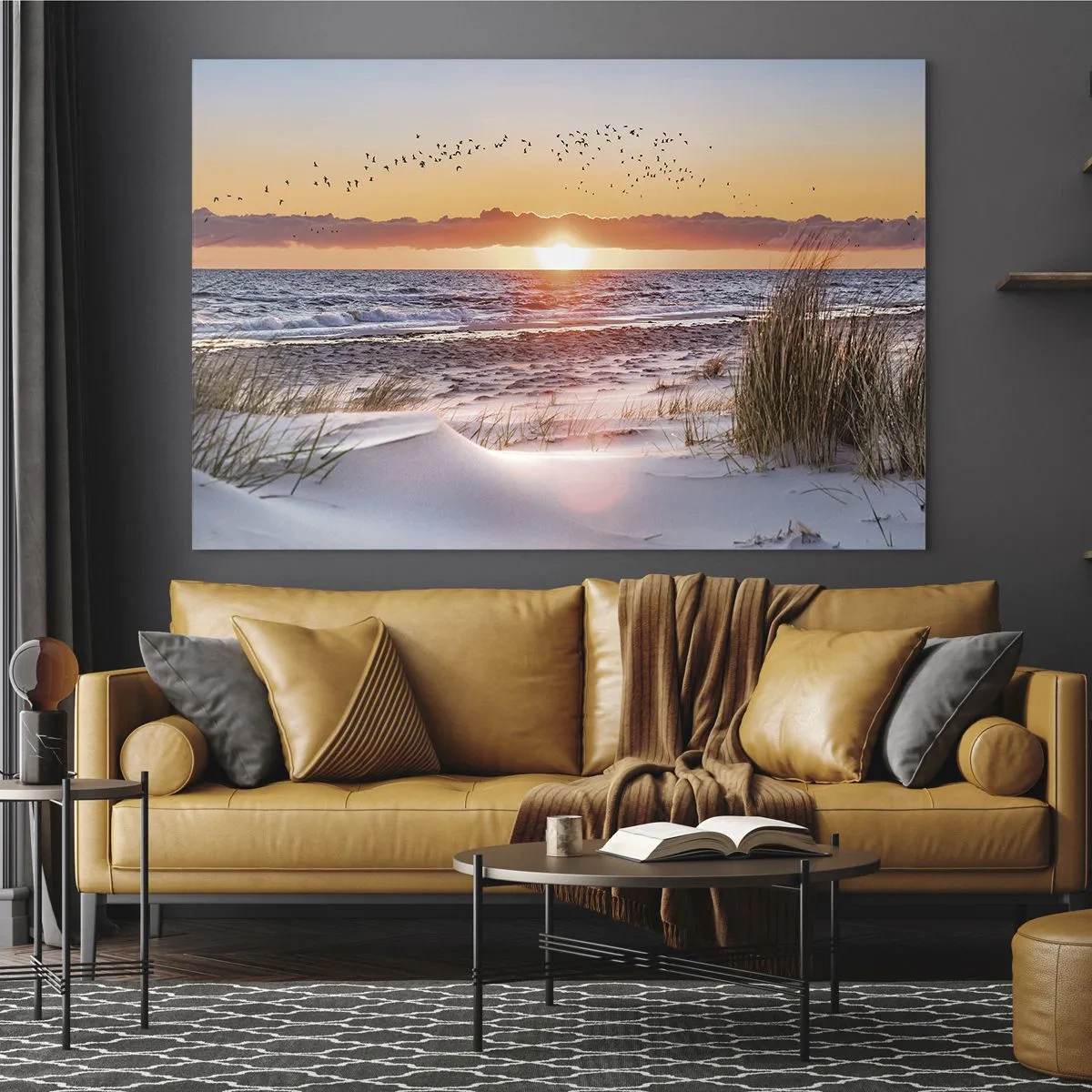 Quadro em vidro - Pôr do sol sobre o mar com pássaros e dunas de areia - 70x50cm - Paisagem horizontal - Decoração de parede moderna para a sala de estar e quarto ARTTOR