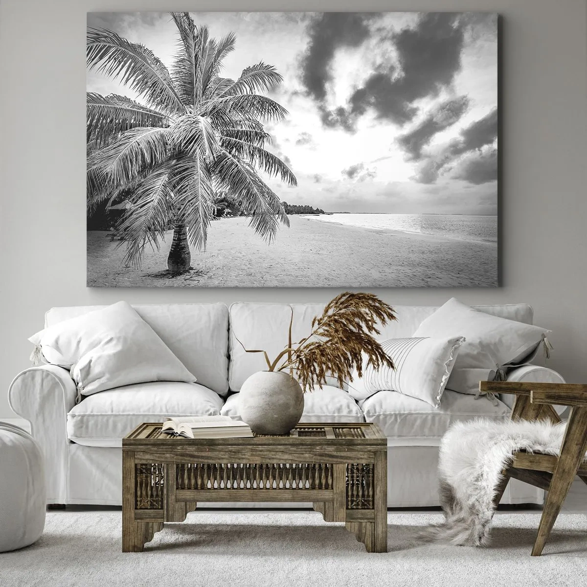 Quadro em tela - Palmeira preta e branca em uma praia vazia com nuvens - 70x50cm - Quando anseia por solidão... - Decoração de parede moderna para a sala de estar e quarto ARTTOR