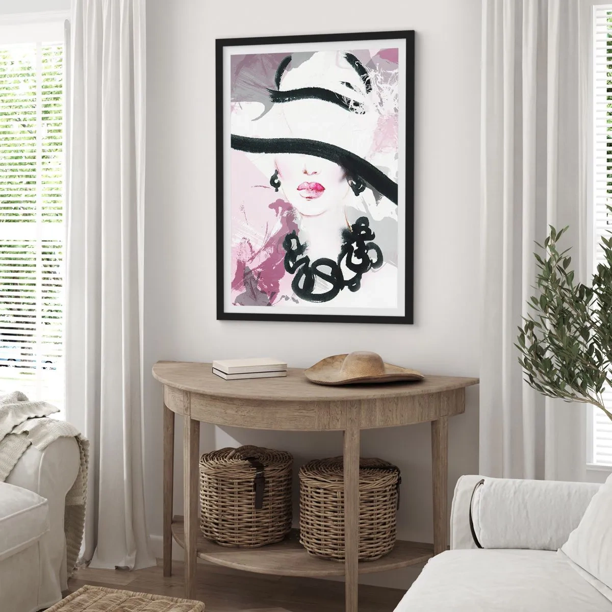 Pôster com moldura preta - Uma ilustração elegante do rosto de uma mulher em tons de rosa e preto. - 50x70cm - Retrato de uma dama a preto e rosa - Decoração de parede moderna para a sala de estar e quarto ARTTOR