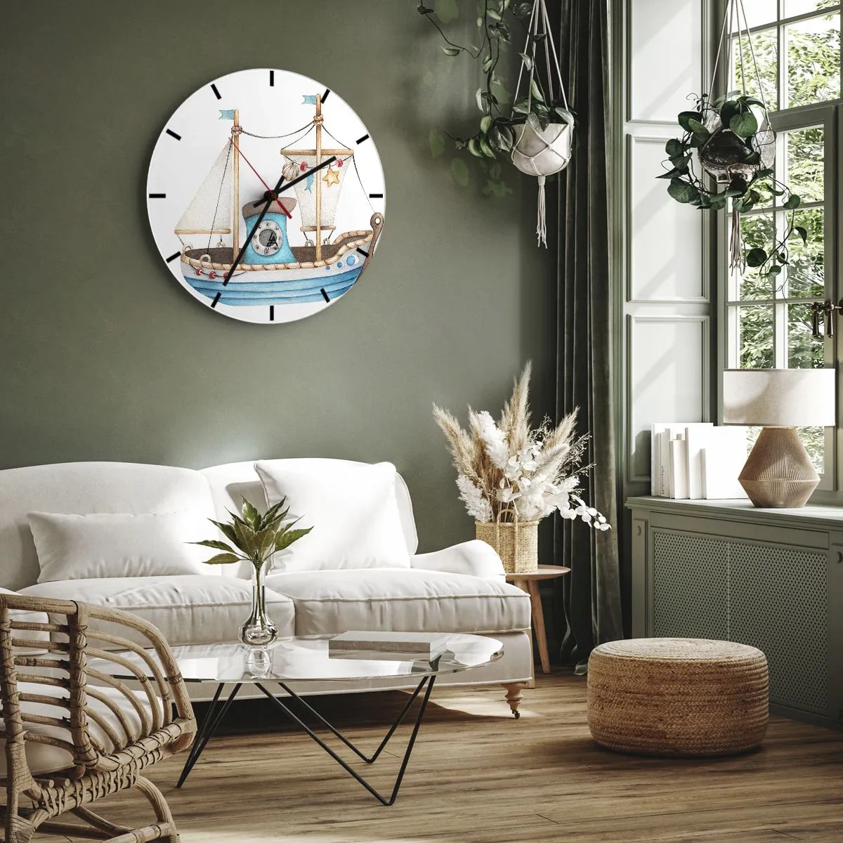 Relógio de parede - Relógio em vidro - Veleiro infantil ilustrado com decorações náuticas - 30x30cm - Vamos a isso! - Decoração de parede moderna para a sala de estar, cozinha e quarto ARTTOR