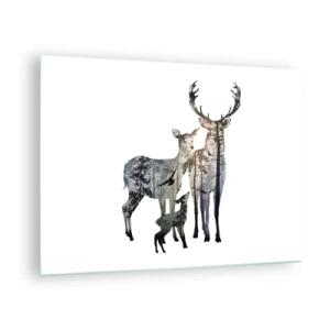 Quadro em vidro - Silhuetas de veados com motivo florestal em estilo minimalista - 70x50cm - Fotografia de família - Decoração de parede moderna para a sala de estar e quarto ARTTOR