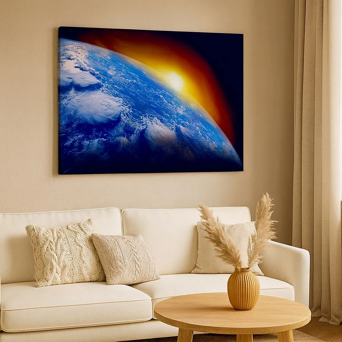 Quadro em tela - Vista da Terra do espaço ao pôr do sol - 70x50cm - Nascer do sol sobre o planeta azul - Decoração de parede moderna para a sala de estar e quarto ARTTOR
